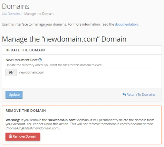 Cach xoa Addon Domain - Buoc 2: Click vao nut Remove Domain.