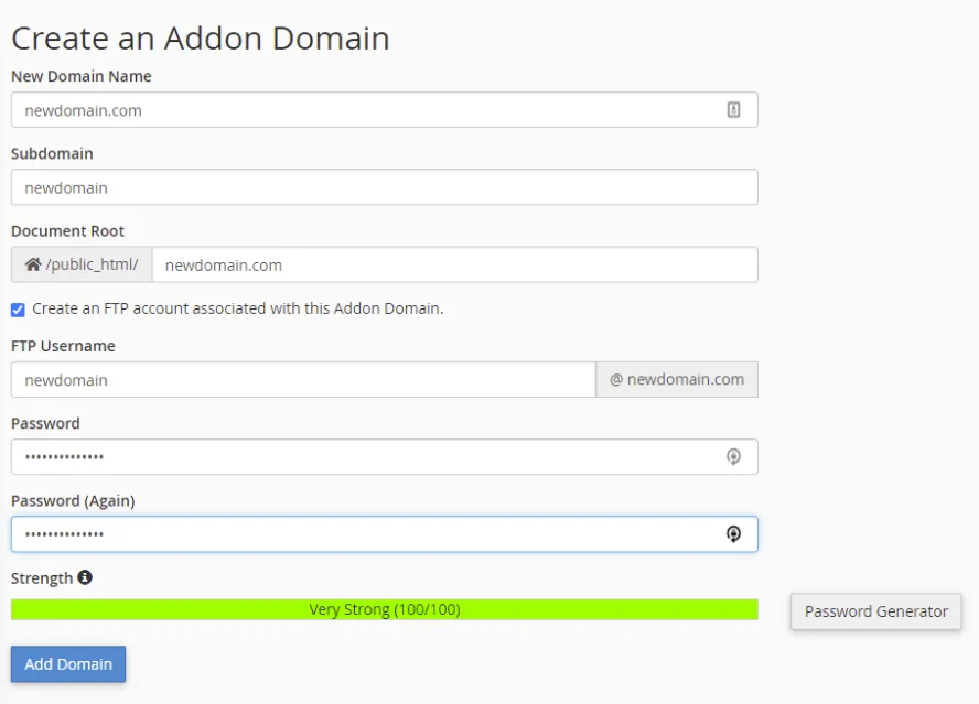 Đánh dấu vào "Create an FTP account associated with this Addon Domain"